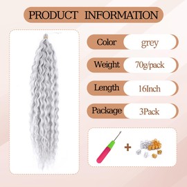 TAOYEMY Deep Twist Crochet Hair 16 Inch 3 Packs Ocean Wave Curly Braiding Hair Extensions Synthetic Curly Crochet Hair for Black Women (Grey, 16 Inch-3 Pieces)
