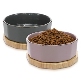 Navaris Ceramic Dog Bowls (Set of 2) - 27oz (800ml) Water or Food Bowl for Pet Dogs and Cats with Non Slip Real Oak Wood Underlay - Stylish Design