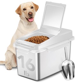 Newget Dog Food Storage Container Stainless Steel with Scoop, 16 LB /11 LB Airtight Pet Metal Food Storage Bin, Cat Food Container for Dry Dog, Cat Food, Bird Seed, Keep Food Fresh, White