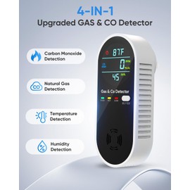 Carbon Monoxide Detectors & Natural Gas Detector, 4-in-1 Carbon Monoxide Detectors Plug in, Gas Leak Detector with Dual Alarms, Temperature & Humidity Sensor for Home, RV Essentials, Black, 2 Packs