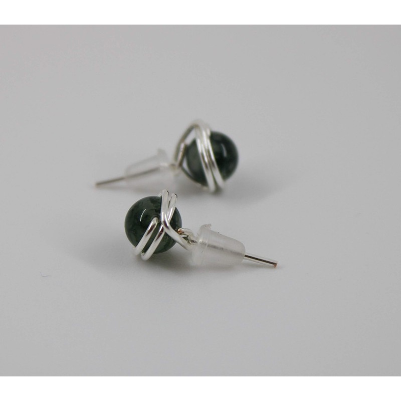 Stud Earrings - Gemstone Moss Agate - Silver-
