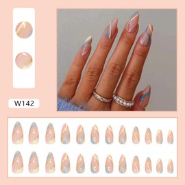 24Pcs Ballerina Stick on Nails for Women Press on Fake Nails Pale Pink Nails Short Full Cover Artificial Fake Nail Square Nails for Women and Girls (GoldUK)