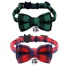 2PCS Plaid Cat Collars Quick Release Kitten Collar Bow Tie Safety Cat Bowtie Collars Christmas Cat Bow Collar With Bell Soft Tartan Collar Adjustable Pet Collars For Kitten Puppy Green and Red