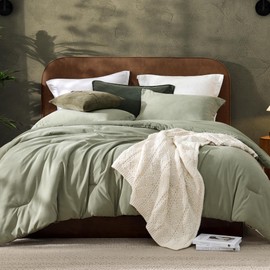 AMBERSPACE Olive Green King Comforter Set, Boho Fluffy Comforter Sets for King Size Bed Set 3 Piece, Microsuede-Like King Bedding Set for Bedroom (Light Olive Green,102"*90",King)