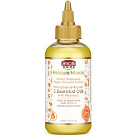 African Pride Moisture Miracle 5 aceites esenciales – Contiene ricino, semilla de uva, argán, coco y aceite de oliva, sella la humedad y añade brillo al cabello, vitamina E, 4 onzas