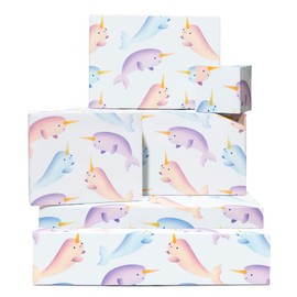 Pastel Wrapping Paper - Narwhal - Animal of the Arctic Ocean - 6 Sheets of Wrapping Paper for Boys and Girls - with Stickers and Tags - Recyclable - From Central 23