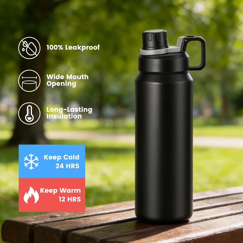 MUCR 30oz Insulated Water Bottle, 900ml Stainless Steel Vacuum Bottle