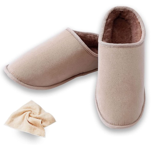 [Natureya] Camel High Pile, Winter Room Shoes, Indoor Shoes, Warm Slippers, Cold Protection, Not Stuffy, Made in Japan, Washable, Wrap Your Feet with Supima Cotton Towel, Handkerchief Included, Genuine Product, Lightweight, Fluffy, Unisex, Soft, beige