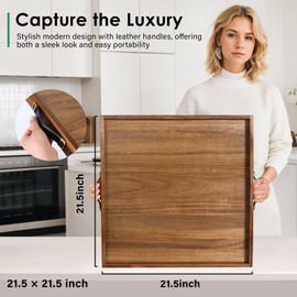 Extra Large Square Ottoman Tray for Living Room Coffee Table 21.5 x 21.5 Inch Decorative Acacia Wooden Serving Tray with Leather Handles for Breakfast in Bed Dinner Food TV (Color Natural)