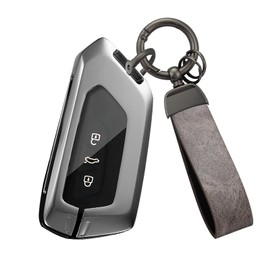HIBEYO Keyless Car Key Case Fits VW Golf 8 MK8 Leather Key Case Protective Cover Fits Skoda Octavia 8 Seat Leon MK4 Ateca Tarraco Key Case with Key Fob, gray