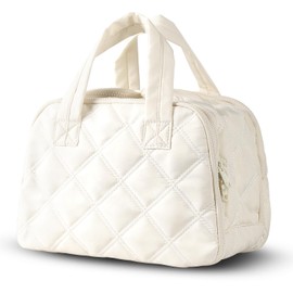 HFLZBRO Travel Toiletry Bag – Lightweight Puffy Makeup Bag for Women, Large Wide-Open Cosmetic Organizer with Dry-Wet Separation, Luggage Strap & Handle for Easy Travel, Gym, Essentials (White)