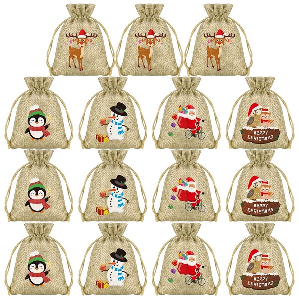 KUUQA 15Pcs Christmas Bags Burlap Christmas Drawstring Bags Small Christmas Jute Goodie Bags Bulk for Christmas Party Supplies