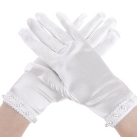 Trinkrittey Short Satin Gloves White Gloves Women Pearl Bridal Gloves Floral Tea Party Opera Gloves Tuxedo Gloves for 1920s Fashion Accessories Floral Tea Party