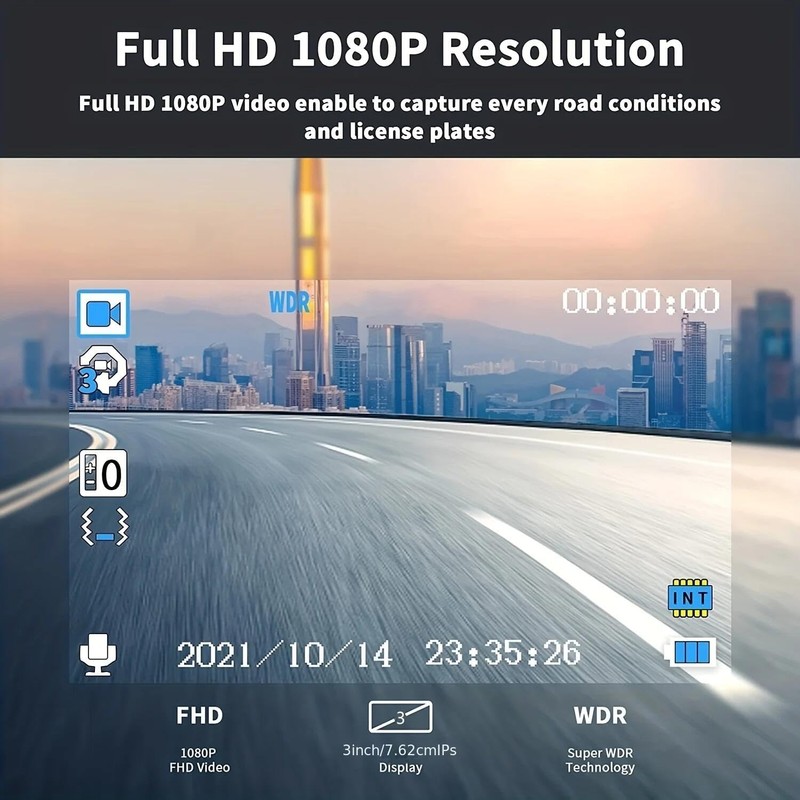 3-Channel Car Dash Cam Wifi 1080p FHD 140° Wide Angle