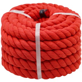 Red Cotton Rope 1 Inch x 25 Feet Natural Thick Rope for Triple Strand Natural Twisted Thick Rope for Landscaping, Railing,Decorating,Wedding,Tug of War