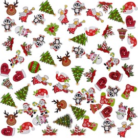 MSCFTFB 100 Pieces Christmas Series Wood Buttons Christmas Santa Tree Bell Angel Stocking Holly Wreath Deer 2 Holes Flatback Wooden Buttons Beads Knitting Scrapbooking DIY Embellishment