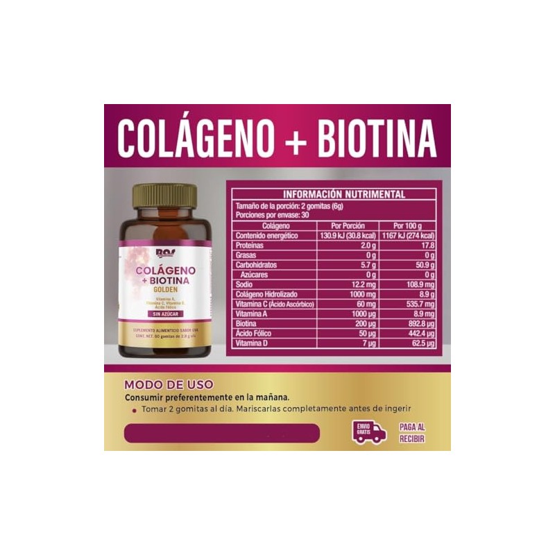 Bas Internacional Colágeno Biotina Golden Piezas Gomitas Sabor Uva Vitaminas