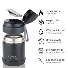 Milu Food Flask for Hot Food Kids - 300ml Leakproof Insulated Stainless Steel Thermal Lunch Box, Soup Container with Spoon, BPA-Free, To go Meal Prep, Porridge (Black, 300ml)