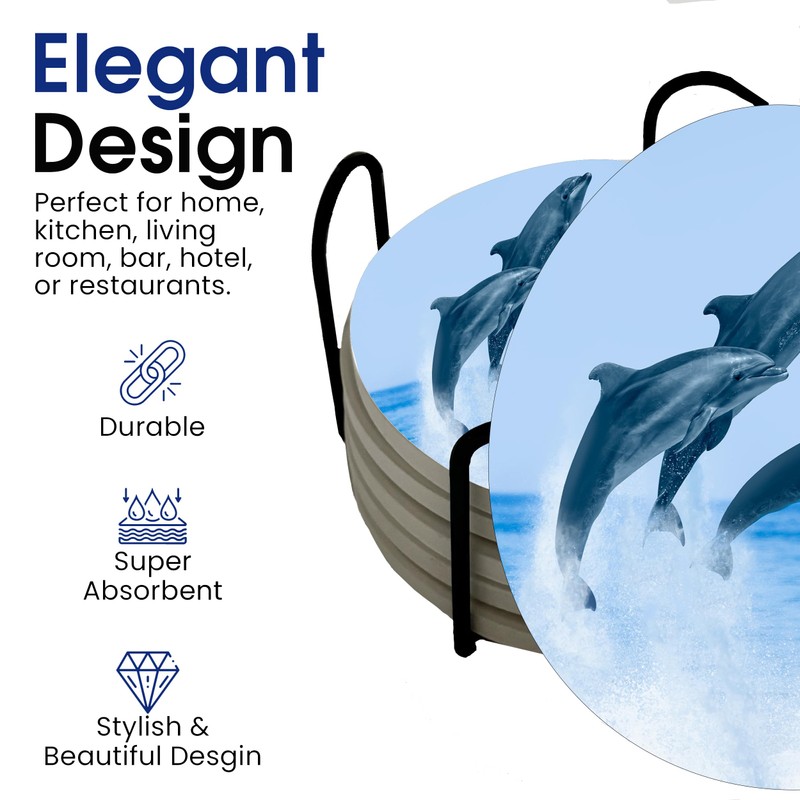 Dolphin Jumping Ocean Coastal Round Coasters Set of 6 -