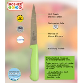 The Kosher Cook Parve Green Kitchen Knife – 6” Serrated Steak and Vegetable Knife - Razor Sharp. Pointed Tip - Color Coded Kitchen Tools