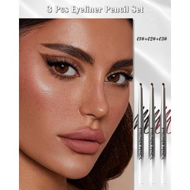 3 Pcs Eyeliner Pencil Set, Waterproof Waterline Black Brown Burgundy Cream Gel Eyeliner, Long-Lasting Sweatproof Smudge Proof Matte Gel Eye Liner Pencils for Women, Creamy Slim Angled Tip Makeup Pen
