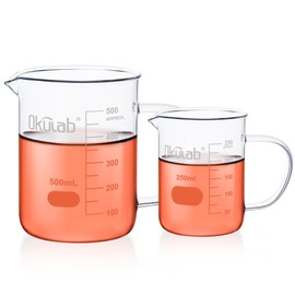 Okulab Glass Beakers Set, Vol 250ml 500ml 3.3 Borosilicate Glass Beaker Measuring Cups with Spout for Laboratories, Classrooms or Home, Lab Beakers, BKLGHS2A1
