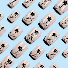 Black French Tips Press on Nails Medium Square Acrylic False Nails 24Pcs Spring Flowers Stick on Nails Glossy Silver Glitter Fake Nails Leaves Gel Glue on Nails for Coquette Women Girls