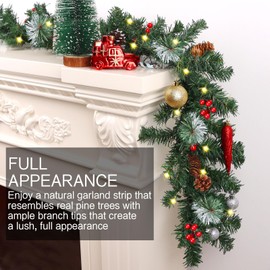 CCINEE 9FT Prelit Artificial Christmas Garland, Xmas Garland Battery Operated with 50 LED Lights Lighted Christmas Garland with Pine Cones and Red Berry for Indoor Outdoor Holiday Decoration