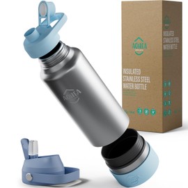 AOHEA 32oz（26+6） oz Insulated Water Bottle with straw and Hidden storage（6oz）, Stainless Steel Double Walled Vacuum Sports Water Bottle with 2 Lids for Gym Camping Hiking (Blue, 32oz)