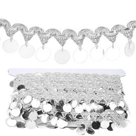 10 Yards Belly Dance Tassel for Women's Sequin Tassel, Belly Dance Chain Sequin Round Coin Shape String Hip Scarf for National Dance Clothes Decoration Supplies Accessories(Sliver)