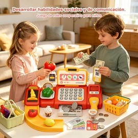 52 PCS Caja Registradora Juguete para Niños y Niñas:Caja Supermercado,Escáner Inteligente,Calculadora,Cinta Transportadora,Comida Juguete y Pago Móvil