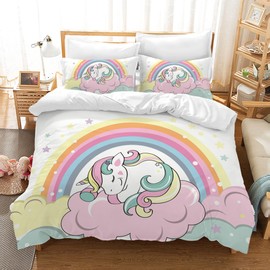 HZVRTN Children's Unicorn Bed Linen Set for Girls, Soft Microfibre Duvet Cover with Zip Pillowcase, 3D Unicorn Cartoon Bedding Set
