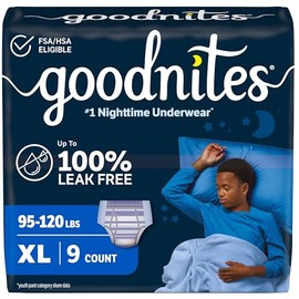 Goodnites Ropa interior nocturna para mojar la cama, talla XL para niños (93-140 libras.), 9 unidades