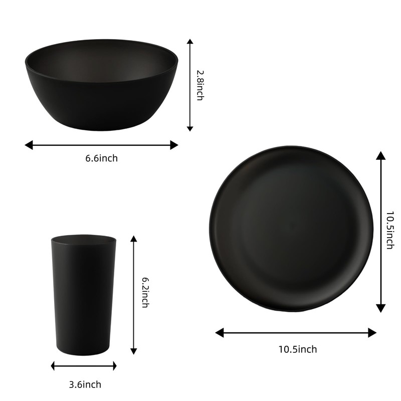 YARRGGU 24pcs Matte Black Dinnerware Set, Plates Bowls & Cups,