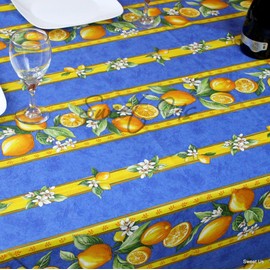 La Cigale Citron Wipeable Tablecloth Spill Resistant Acryllic Coated, Floral Cotton French Provencal Tablecloth for Tables, for Indoor and Outdoors, Blue, 60 x 98 in