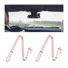 JNNJ 2Pcs Autospiegel Anhänger, Katholische Rosenkranzperlen für Den Rückspiegel im Auto, Kreuz Auto Hanging Charms Zubehör, Auto Dekor Für Männer- Und Damenzubehö(Rosa)