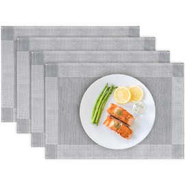 Bloss Placemats Set of 4, Linen Woven Place Mats for Kitchen Table Indoor/Outdoor, 12" x 18" Washable Silver Gray Placemat Dining Table Mats