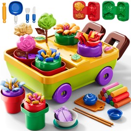 JUKUDAHU 50PCS Play Clay Set Blooming Flower Garden Toy Playset for Kids 3-5, DIY Nature Kits, Pretend Kitchen Toys Accessories with Cart, Toy Dishes, Gifts for Girls Boys Toddlers Ages 3 4 5 6 7 8 9