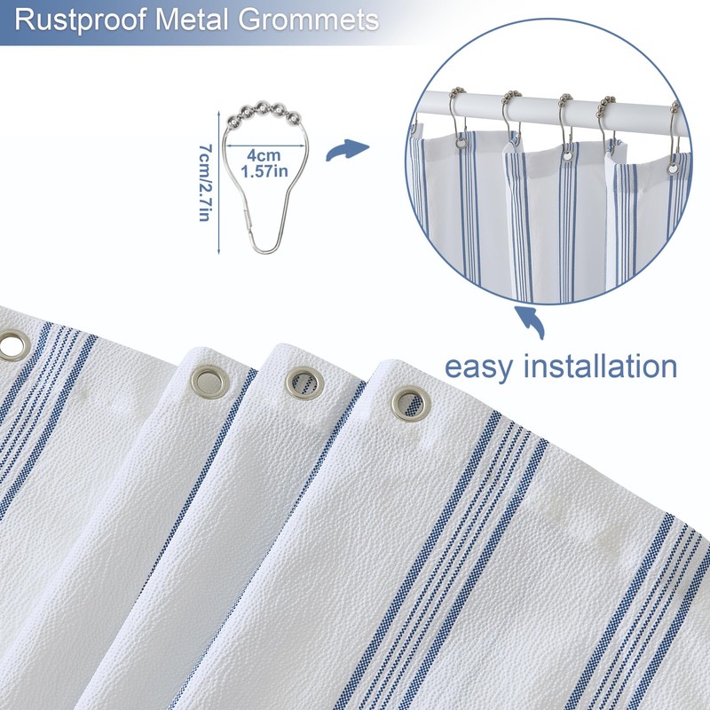 ORTIGIA Textured Fabric Shower Curtain-Blue Striped, 72x72 Inch Yarn Dyed