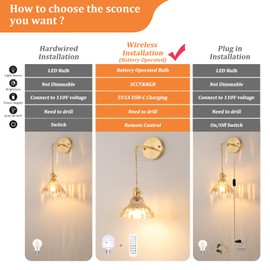 Shenmoyl Battery Operated Wall Sconce Wall Lamp with Amber Lily of The Valley Shade Pattern Glass Adjustable Chain Retro Gold Wall Mounted Light, Modern Wall Lamp Fixtures Decor for Bedside Bedroom