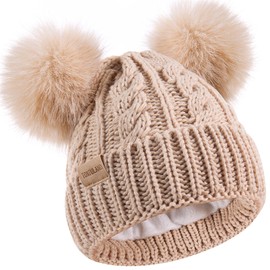 Kids Winter Beanie Children’s Warm Knitted Fleece Lined Ski Pom-Pom Warm Knit Hat for Boys & Girls 3-9 Years Beige