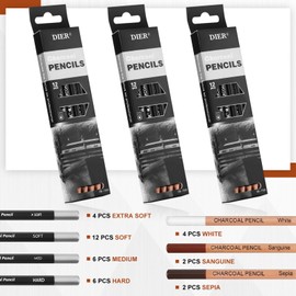 Geyoga 36 Pcs Professional Charcoal Pencils Extra soft, Soft, Medium, Hard, White, Brown for Drawing Charcoal Pencils Drawing Set Art Supplies for Sketching, Beginners, Artists