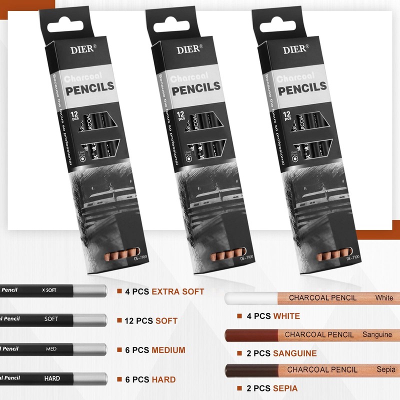 Geyoga 36 Pcs Professional Charcoal Pencils Extra soft, Soft, Medium,