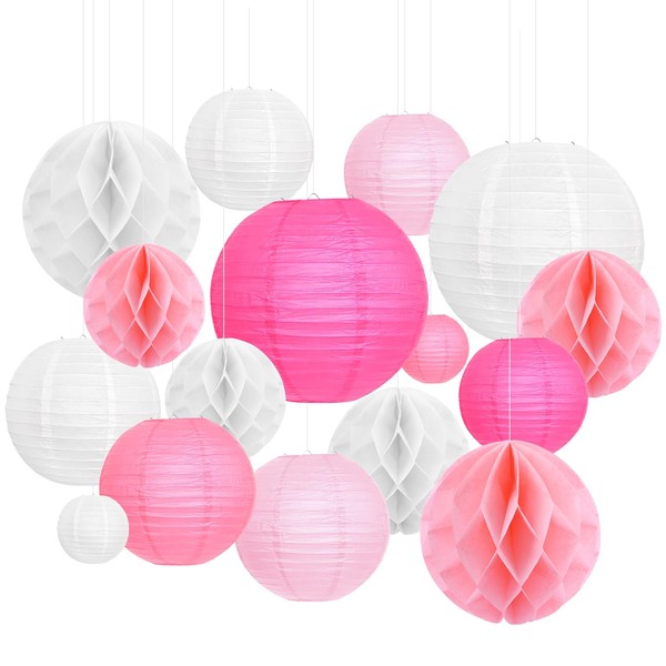 Lanterns, Party Decoration, Paper Lantern, Pink, White, Pack of 16