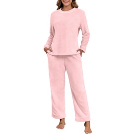 PrinStory Fluffy Pajamas for Women Winter Soft Fleece Warm Pajama Set Fuzzy Pjs Flannel 2 Piece Lounge Sets with Pockets Light Pink-XL