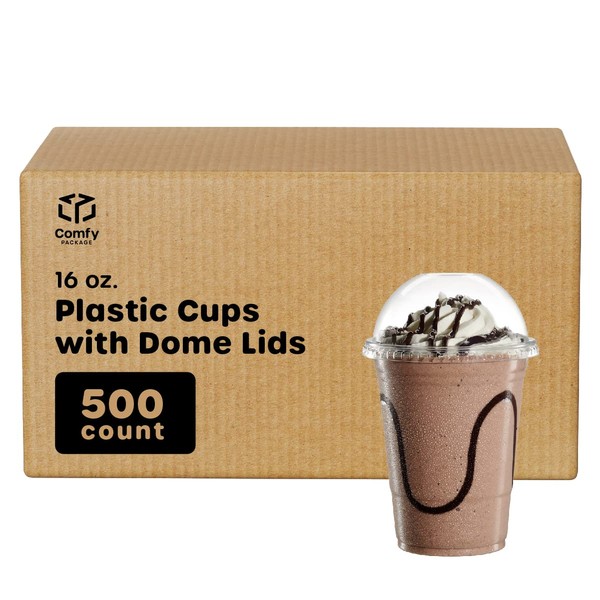Comfy Package [16 oz. - Case of 500 Crystal Clear Plastic Cups With Dome Lids