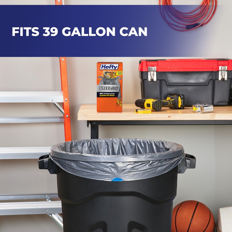 Hefty Steelsak Heavy Duty Large Trash Bags, Gray, Unscented, 39