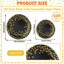 100 Pcs Black and Gold Paper Plates Gold Foil Dot Disposable Dessert Party Paper Plates 50 x 9" and 50 x 7" Dinner Plate Party Supplies for Birthday Graduation Wedding Holiday Christmas