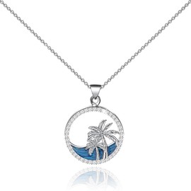LQRI Tropical Beach Jewelry CZ Palm Tree Pendant Necklace Hawaii Bridal Beach Wedding Jewelry Bridesmaid Gifts (Palm tree N blue)