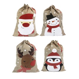 Christmas Sacks. 13.8'' X 19.7'' / 35 X 50 cm Medium Christmas Burlap Sacks. Xmas Hessian Linen Drawstring Goody Gift Bags. 4 Designs Santa Snowman Reindeer Penguin. Pack of 4.